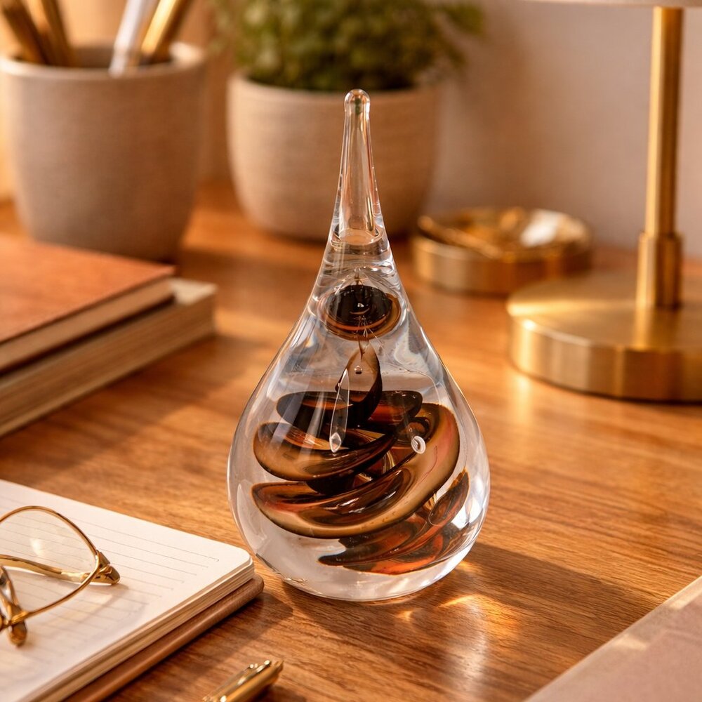 Handmade Polish Crystal Paperweight Art Glass Teardrop | Amber Black Swirl Glass